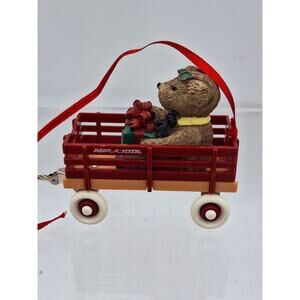 Red Radio Flyer "Town & Country Teddy Bear in Red Wagon Christmas Ornament